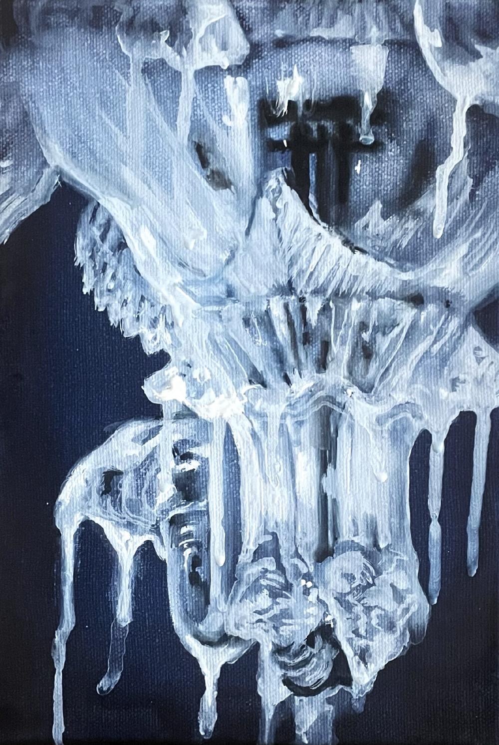 Kim Isul, X-ray of a Ghost #1, 2025, watercolour on canvas, 25.8 x 17.9 cm
